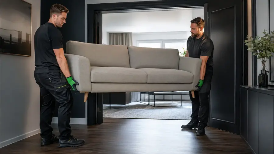 Zwei Umzugshelfer tragen gemeinsam ein Sofa durch eine Wohnung