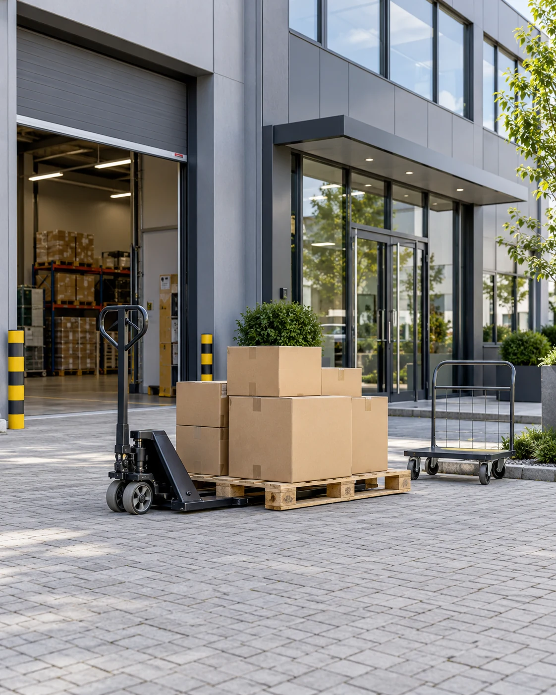 Gewerbegebäude mit Büro- und Lagerbereich sowie bereitgestellten Waren und Transportgeräten