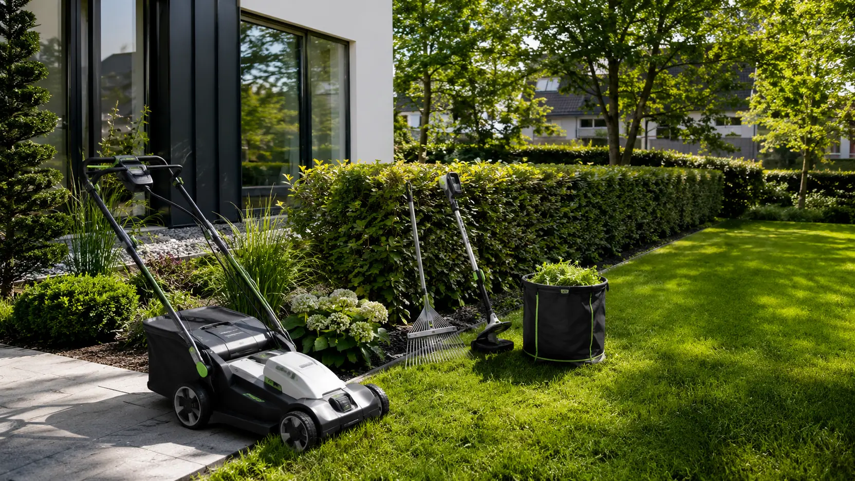 Hochwertig gepflegte Gartenanlage mit sauber bereitgestellten Arbeitsgeräten